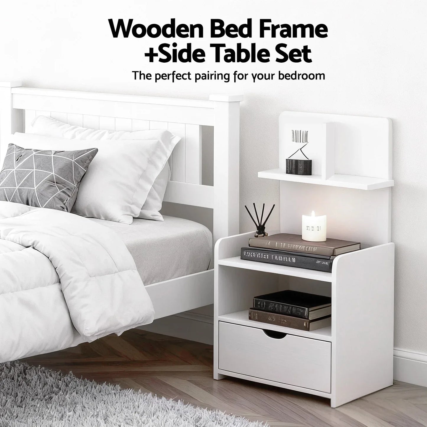 Artiss King Single Bed Frame and Bedside Table White - Mekamart Australia