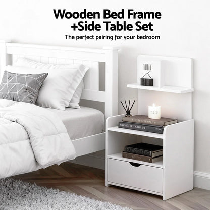 Artiss King Single Bed Frame and Bedside Table White - Mekamart Australia