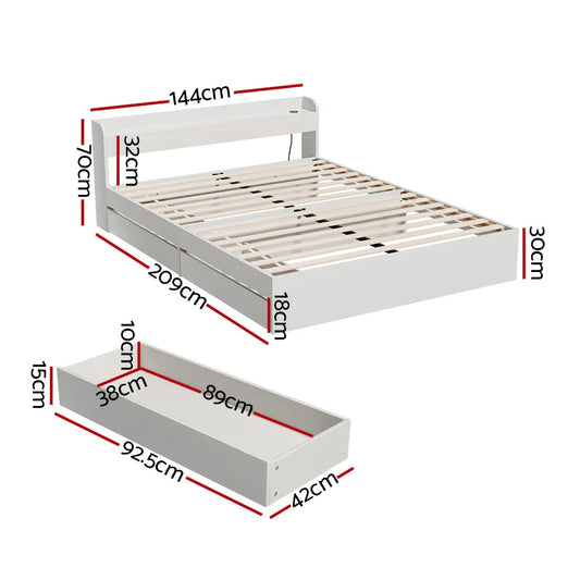 Artiss Bed Frame Double Size Mattress Base wtih Charging Ports 2 Storage Drawers - Mekamart Australia