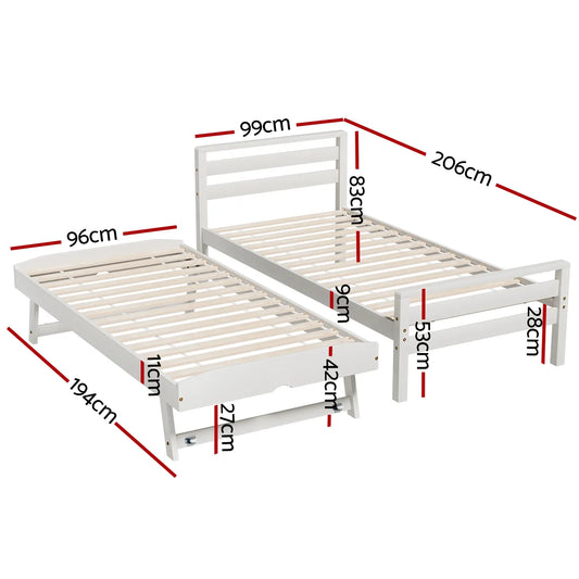 Artiss Bed Frame Single Size 2-in-1 Trundle Wooden White AVIS - Mekamart Australia