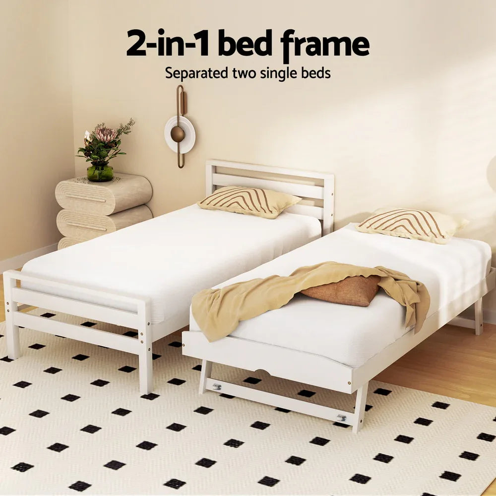 Artiss Bed Frame Single Size 2-in-1 Trundle Wooden White AVIS - Mekamart Australia
