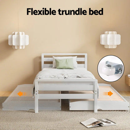 Artiss Bed Frame Single Size 2-in-1 Trundle Wooden White AVIS - Mekamart Australia