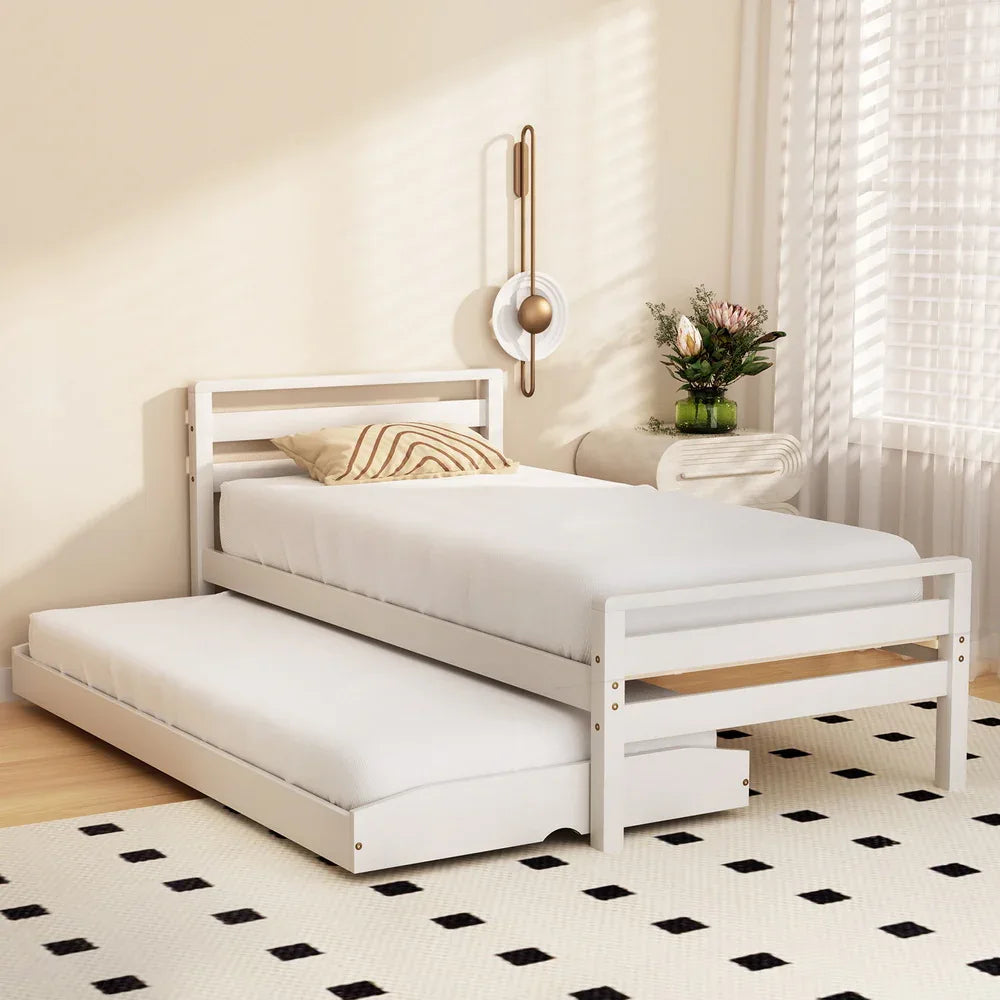 Artiss Bed Frame Single Size 2-in-1 Trundle Wooden White AVIS - Mekamart Australia