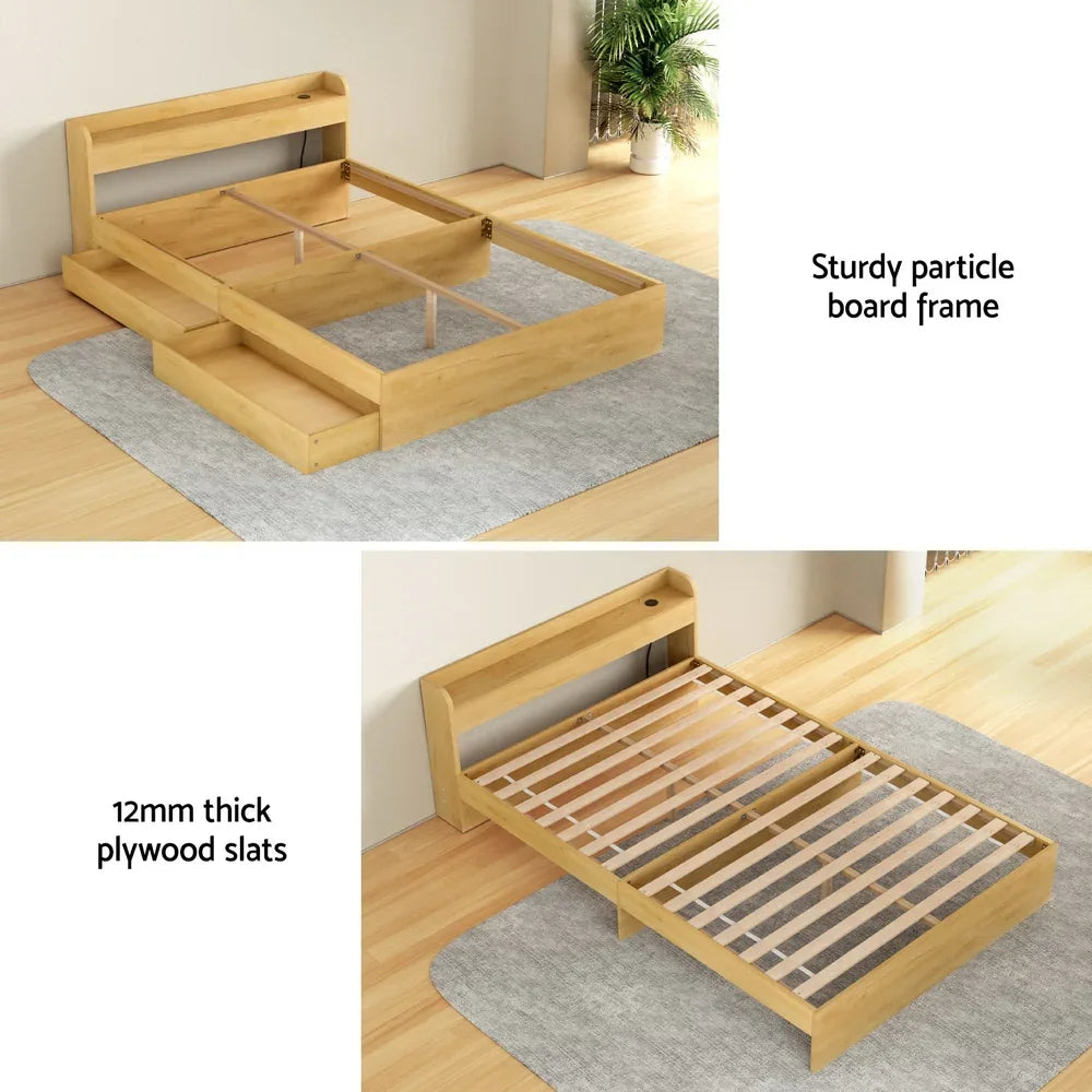 Artiss Bed Frame Double Size with Charging Ports and 2 Drawers AURA - Mekamart Australia