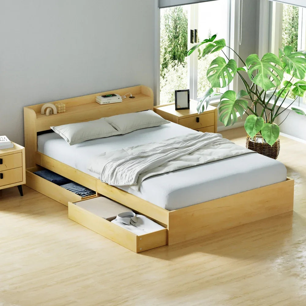Artiss Bed Frame Double Size with Charging Ports and 2 Drawers AURA - Mekamart Australia