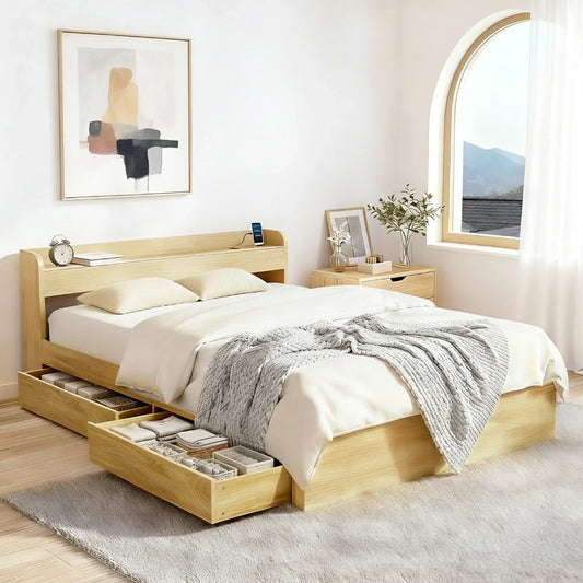 Artiss Bed Frame Queen Size with Charging Ports and 2 Drawers AURA