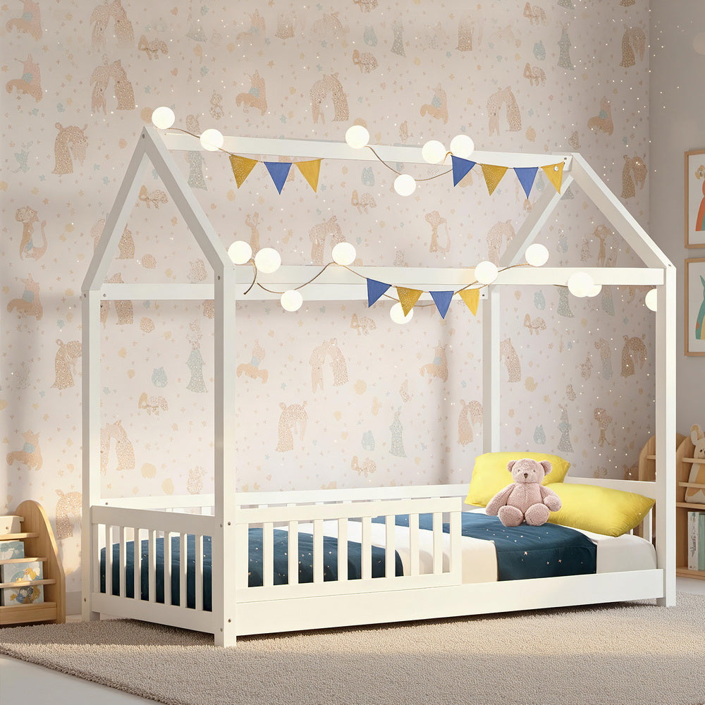 Artiss Bed Frame Wooden Kids House Frame White ROCK