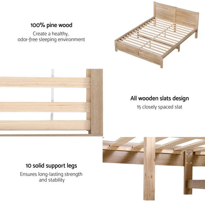 Artiss Bed Frame Double Size Wooden Acacia Wood OATMEAL - Mekamart Australia