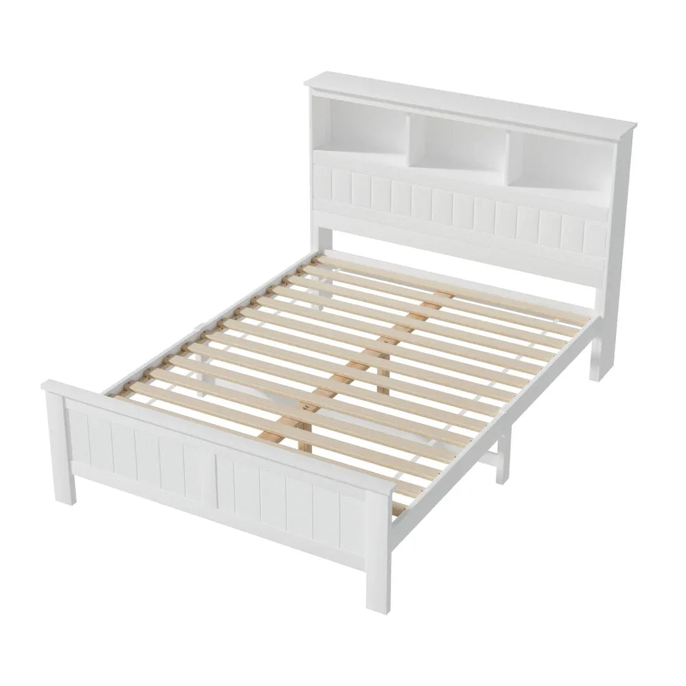 Artiss Bed Frame Double Size Wooden with 3 Shelves Bed Head White - Mekamart Australia