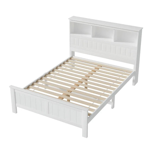 Artiss Bed Frame Double Size Wooden with 3 Shelves Bed Head White - Mekamart Australia