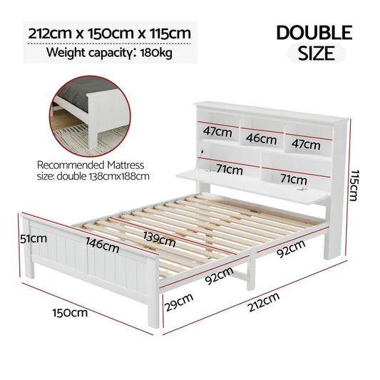Artiss Bed Frame Double Size Wooden with 3 Shelves Bed Head White - Mekamart Australia