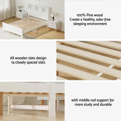 Artiss Bed Frame Double Size Wooden with 3 Shelves Bed Head White - Mekamart Australia