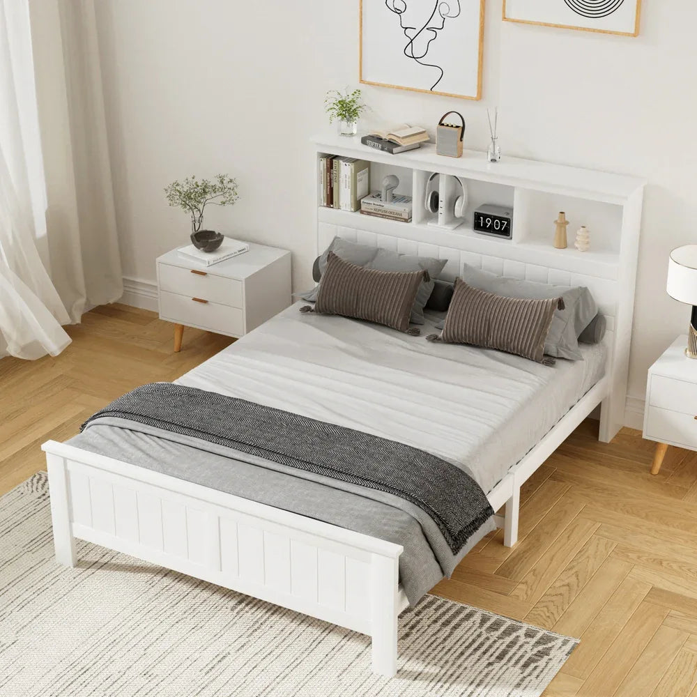 Artiss Bed Frame Double Size Wooden with 3 Shelves Bed Head White - Mekamart Australia