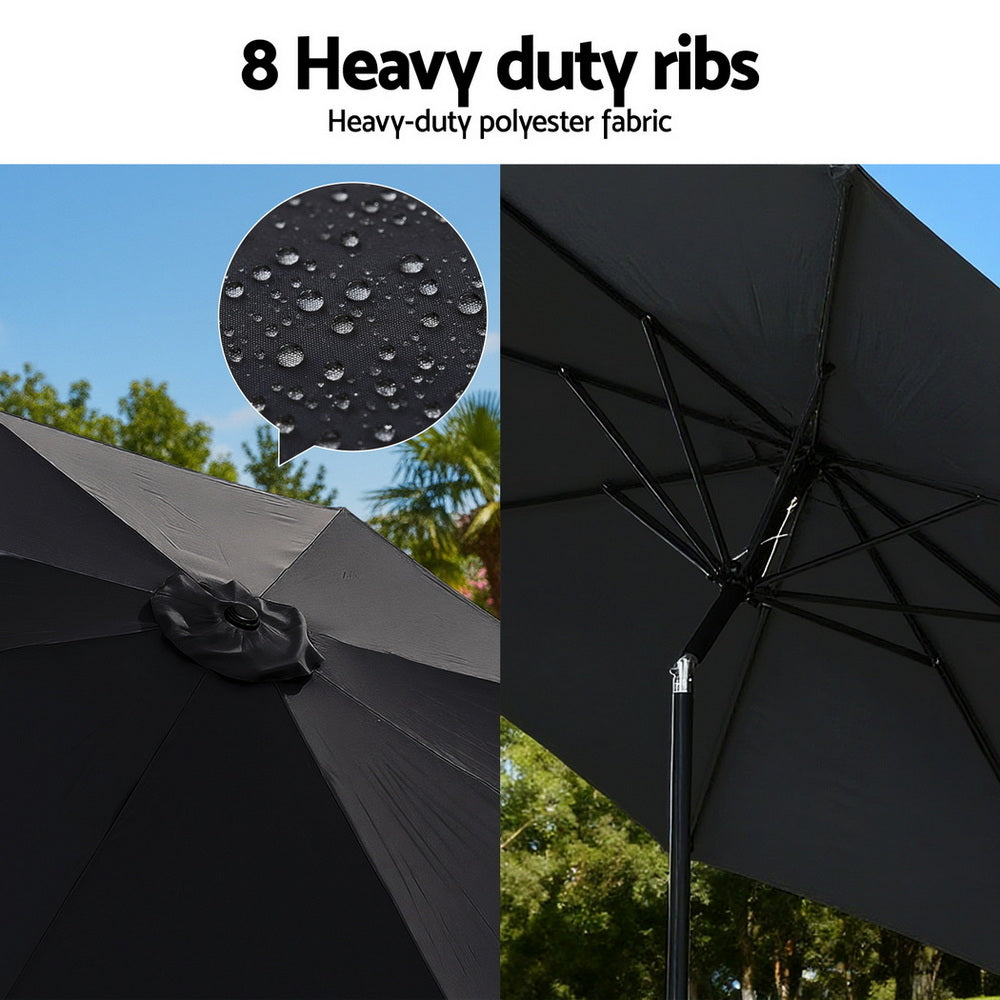 Instahut Outdoor Umbrella 2.9m Market Umbrella with Base String Light Black