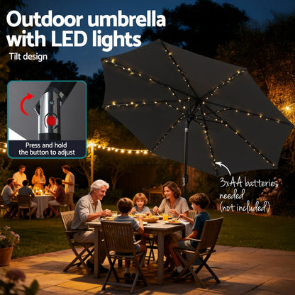 Instahut Outdoor Umbrella 2.9m Market Umbrella with String Light Tilt Charcoal Shade