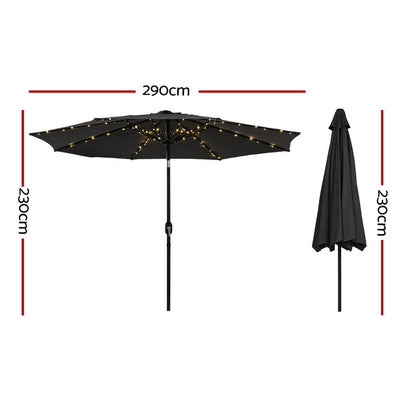 Instahut Outdoor Umbrella 2.9m Market Umbrella with String Light Tilt Black