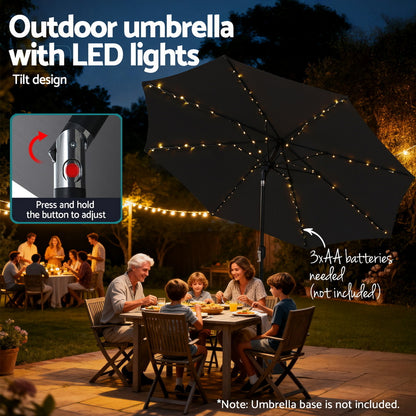 Instahut Outdoor Umbrella 2.9m Market Umbrella with String Light Tilt Black
