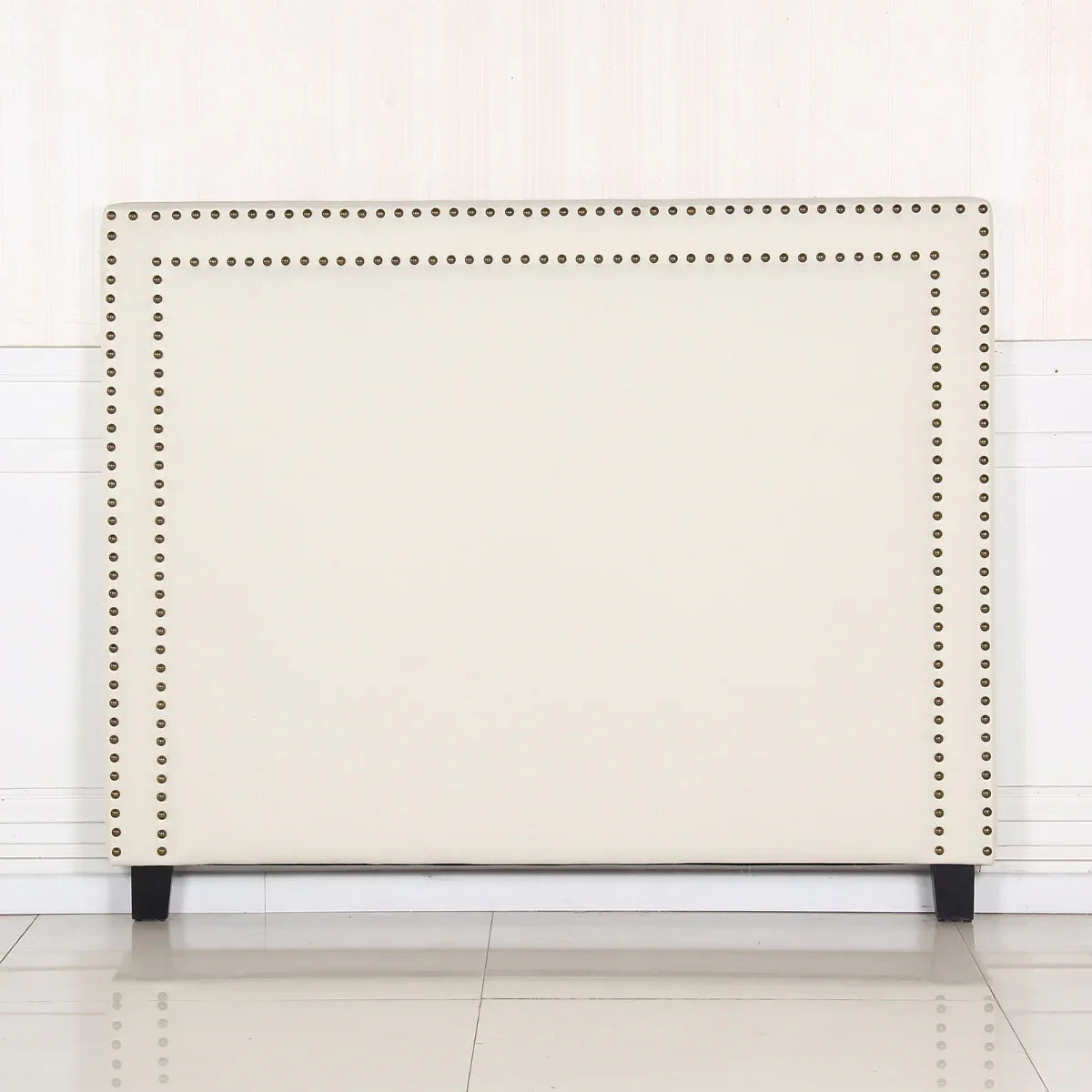 Bed Head Queen White Headboard Upholstery Fabric Studded Buttons