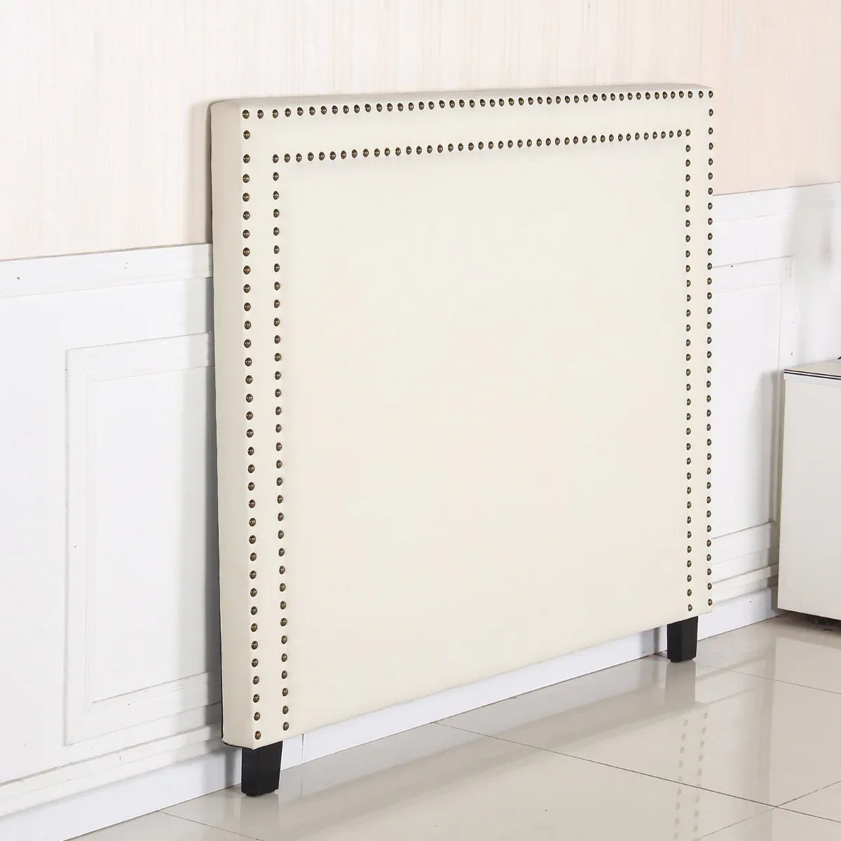 Bed Head Queen White Headboard Upholstery Fabric Studded Buttons